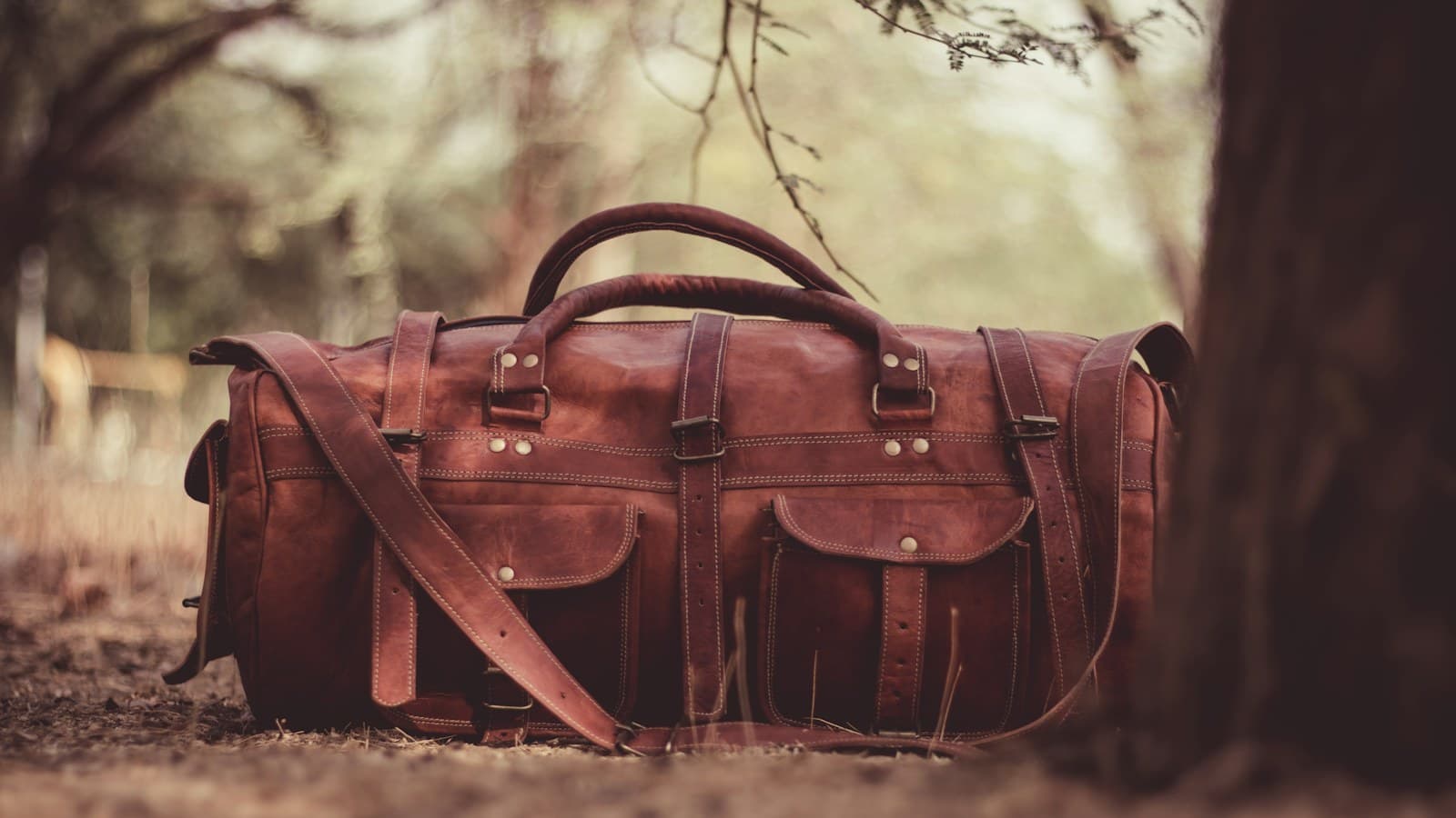 selective focus photography brown leather 2-way handbag near tree
