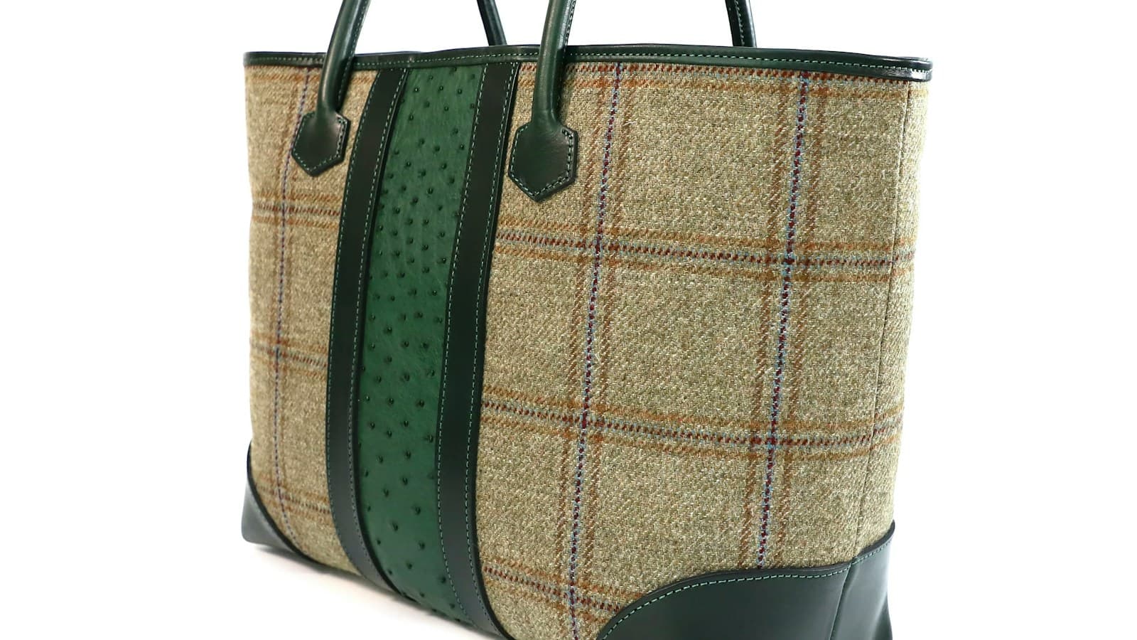 Tweed tote bag with green leather accents