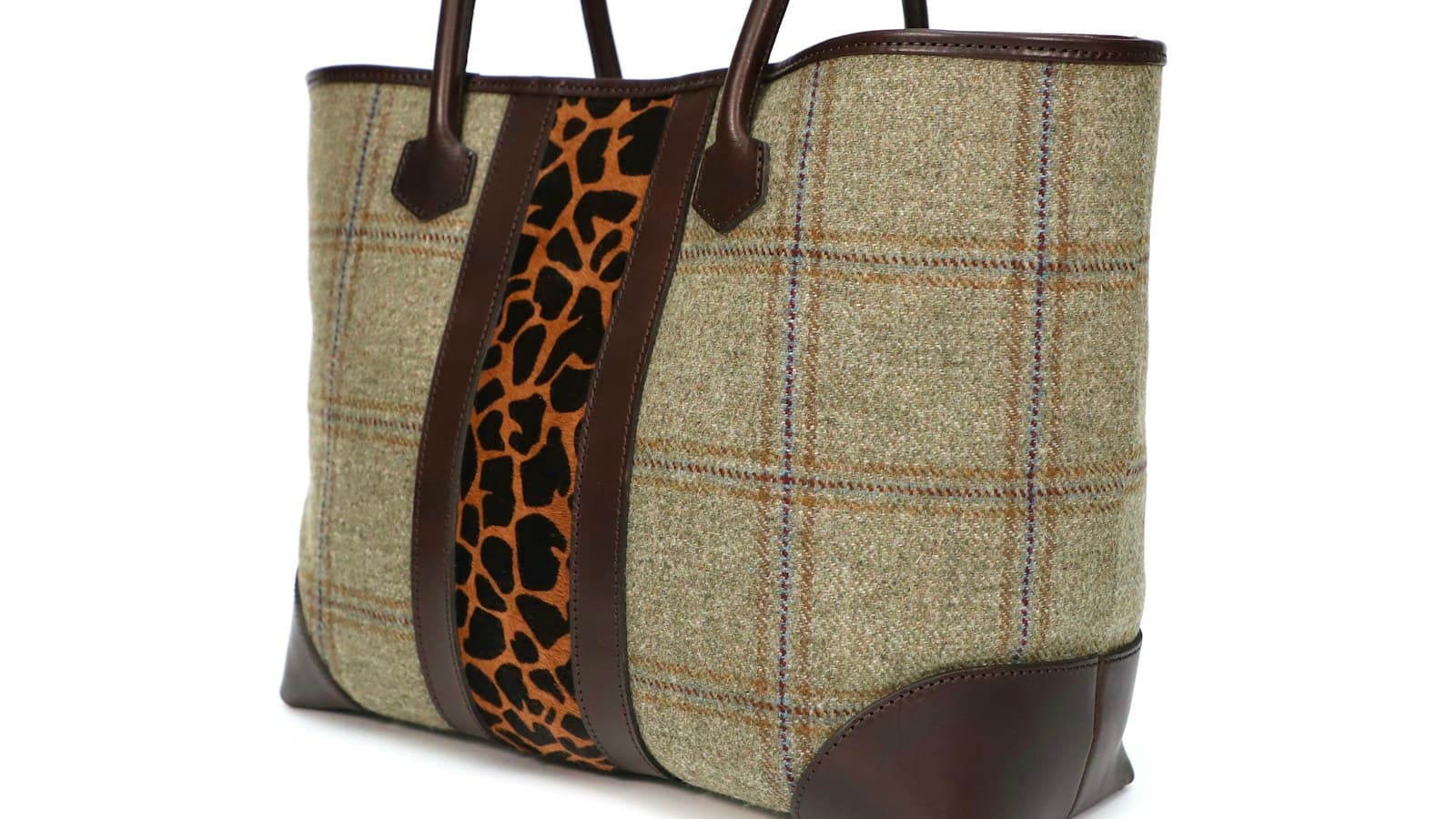 A stylish tote bag with plaid and animal print