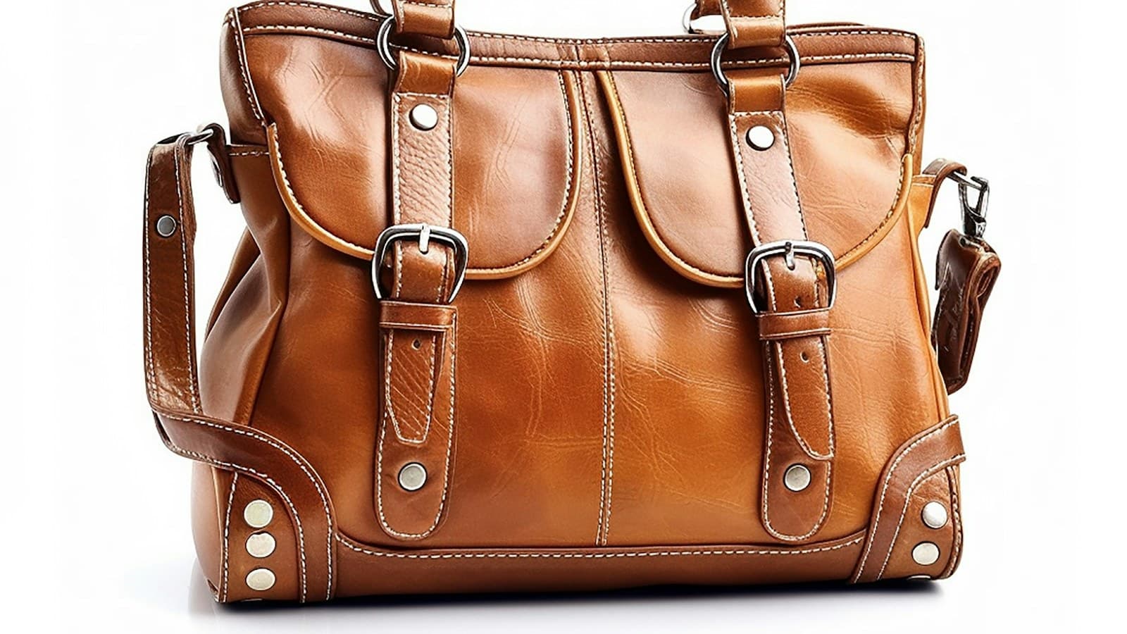 a brown leather handbag on a white background