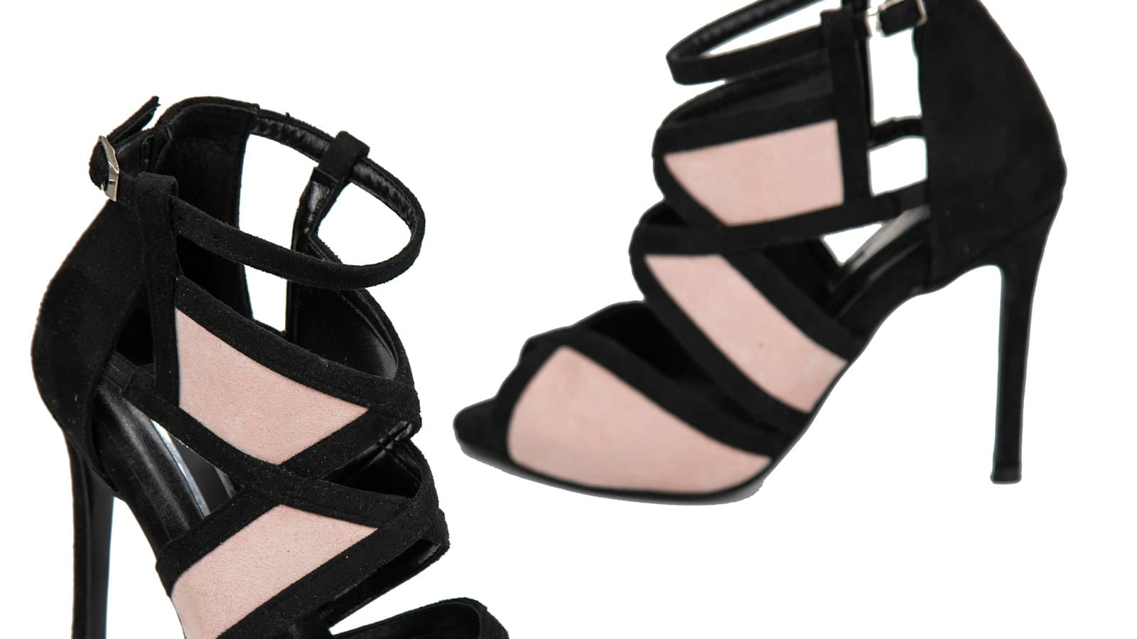 Two black and beige strappy high heel sandals on a white background