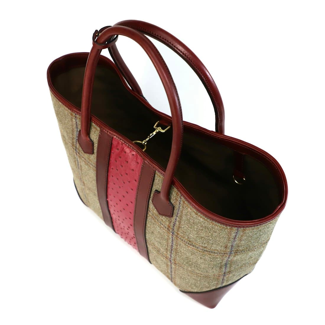 A stylish tote bag with leather and tweed details