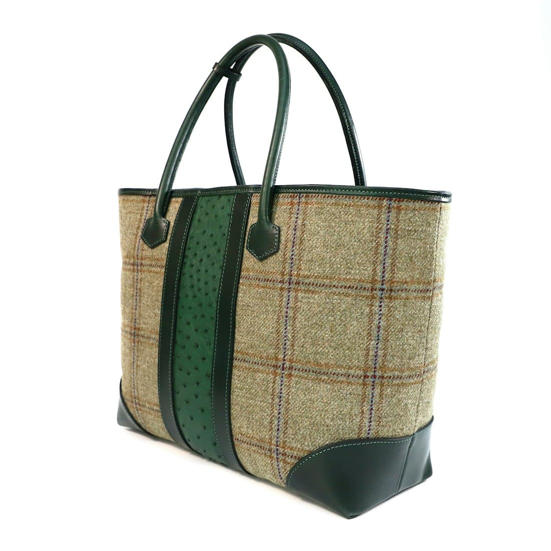 Tweed tote bag with green leather accents